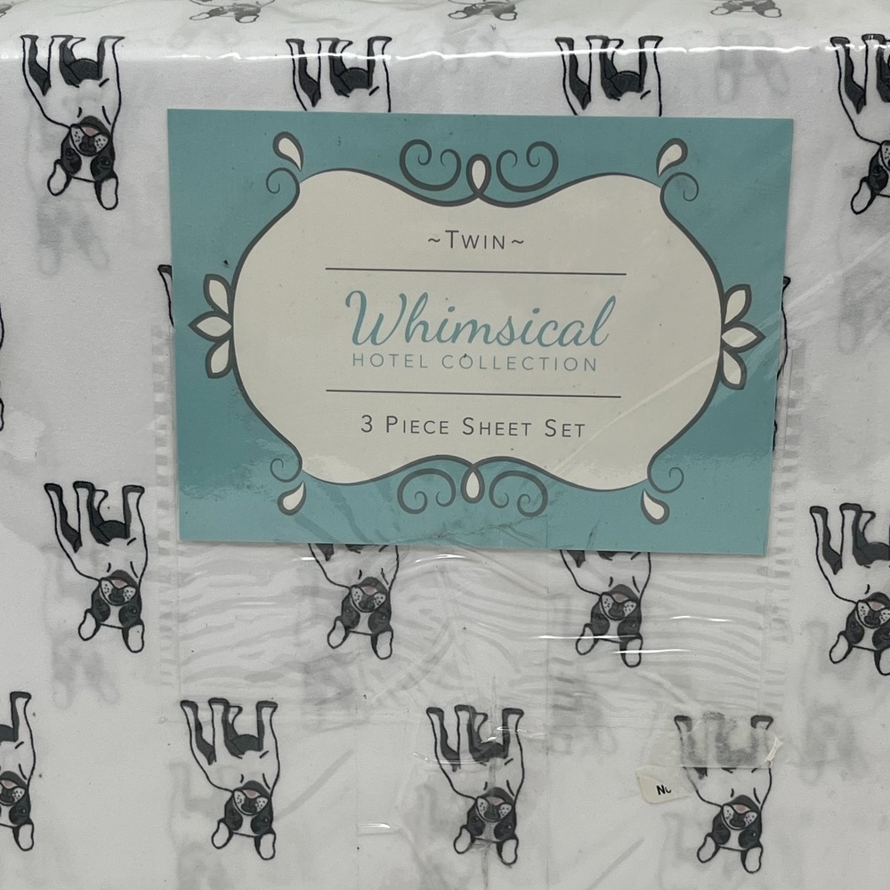 Whimsical Hotel Collection Twin Sheet Set French Bulldog Dogs White Black NEW